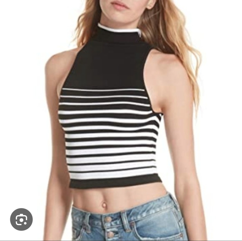Free People High Five Seamless Striped Sleeveless Turtleneck Cropped Top XS/S